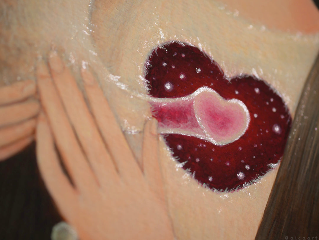 Heart" by aica is a signed and numbered archival pigment print featuring hands touching a glowing red heart on a chest, with a pink heart at its center, depicted in a soft, painterly style.