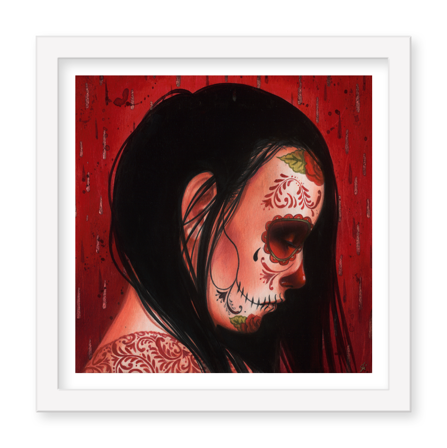 A side profile of a woman with long dark hair and Day of the Dead sugar skull face paint, inspired by Sylvia Ji's "Alma Perdida" (Artist's Proof), set against a deep red patterned background, framed by a white border.