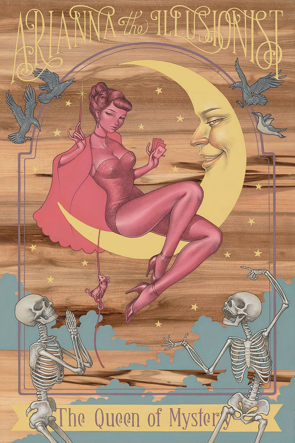 Illustrated poster titled Arianna by Audrey Kawasaki depicts Arianna in a pink outfit on a crescent moon with a face, holding a wand. Two skeletons admire her below with crows flying around. Text includes Arianna the Illusionist and The Queen of Mystery, rendered as an exquisite archival pigment print.