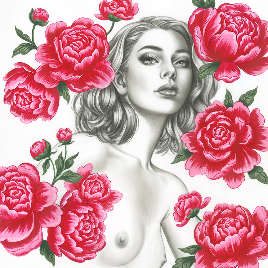 The archival pigment print Belle by Allison Reimold features a grayscale portrait of a woman with wavy hair, surrounded by vivid red peonies and lush green leaves, beautifully highlighting her features.