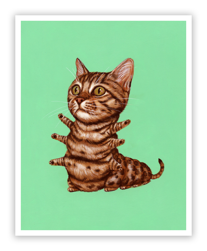 This limited edition illustration, Bengal by Casey Weldon, depicts a charming Kittypillar—a brown tabby cat with six tiny legs and wide eyes—against a mint green background.