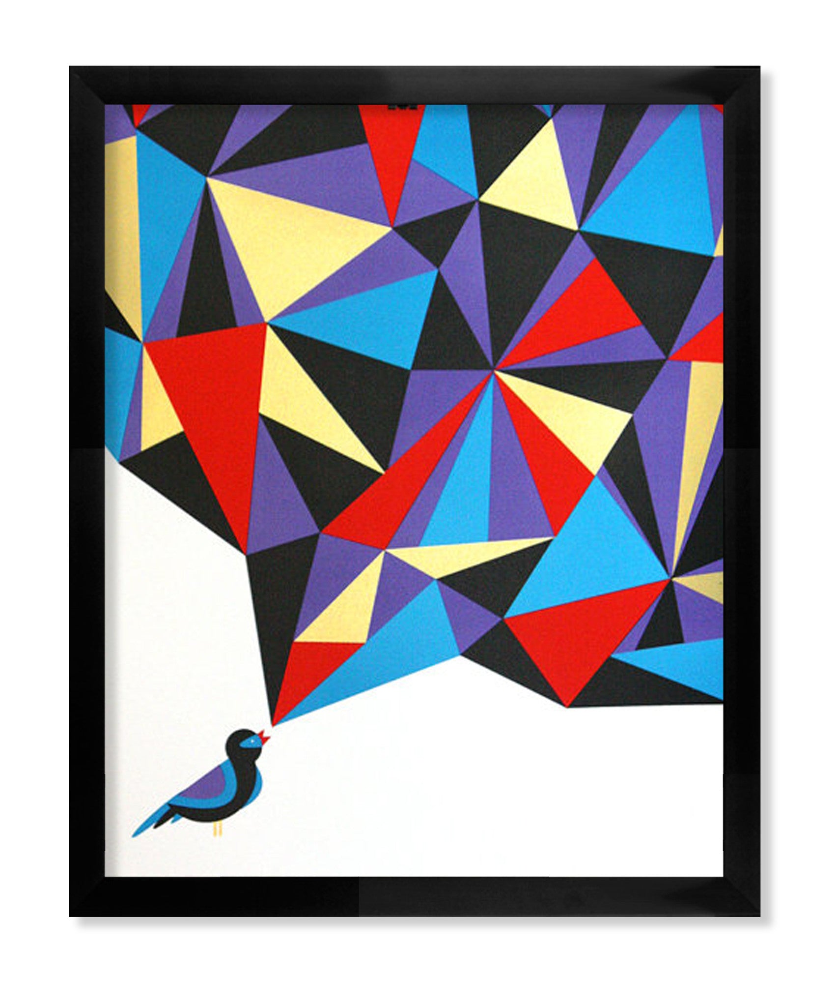 A framed screenprint by Nate Duval features the stylized Bird 2 with a colorful geometric speech bubble of red, blue, purple, yellow, black triangles and metallic gold on white.