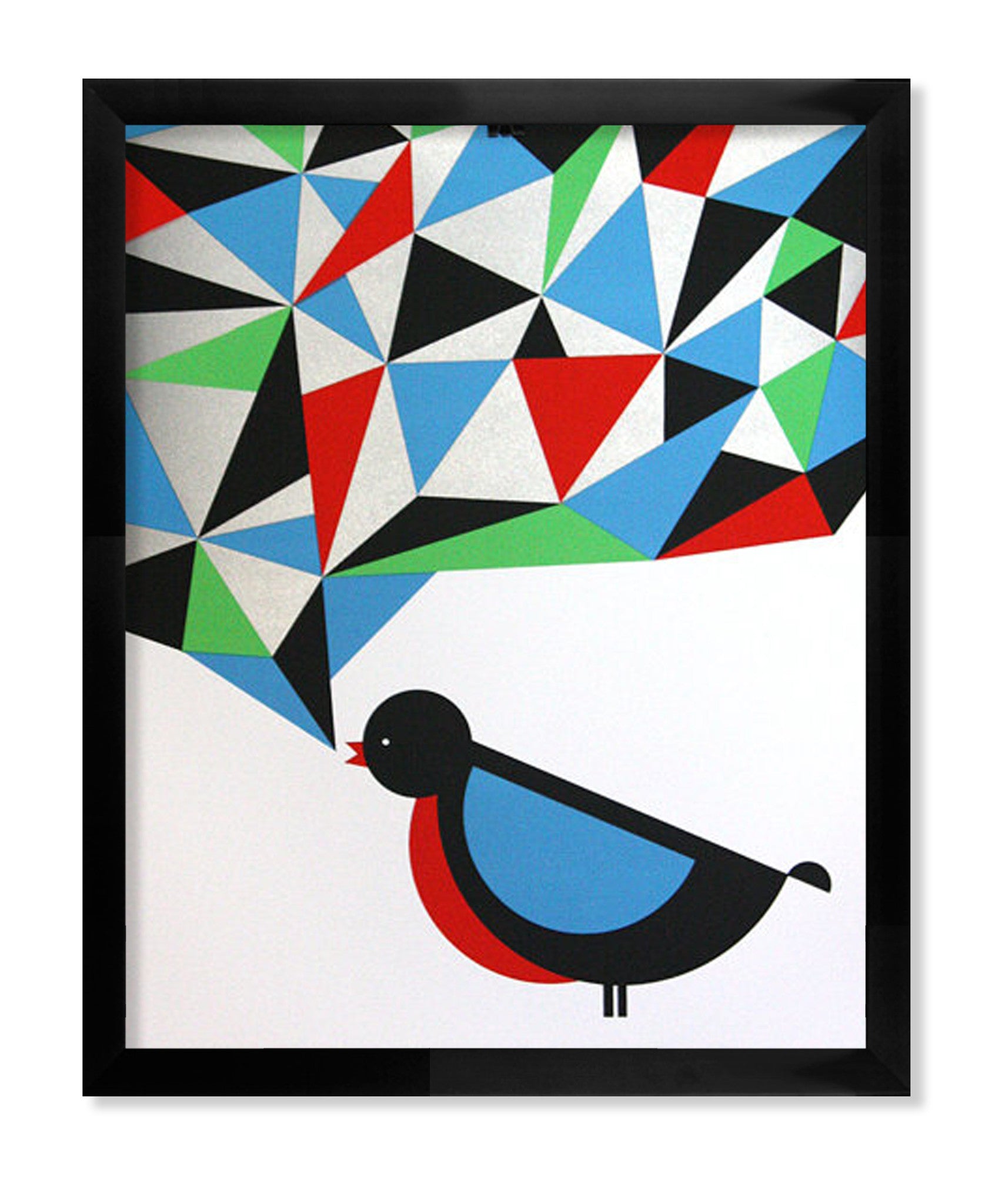 The Bird 1 by Nate Duval features an abstract bird in black, blue, and red with a speech bubble of colorful triangles (red, blue, green, black, white), set in a metallic silver frame reminiscent of a screenprint.