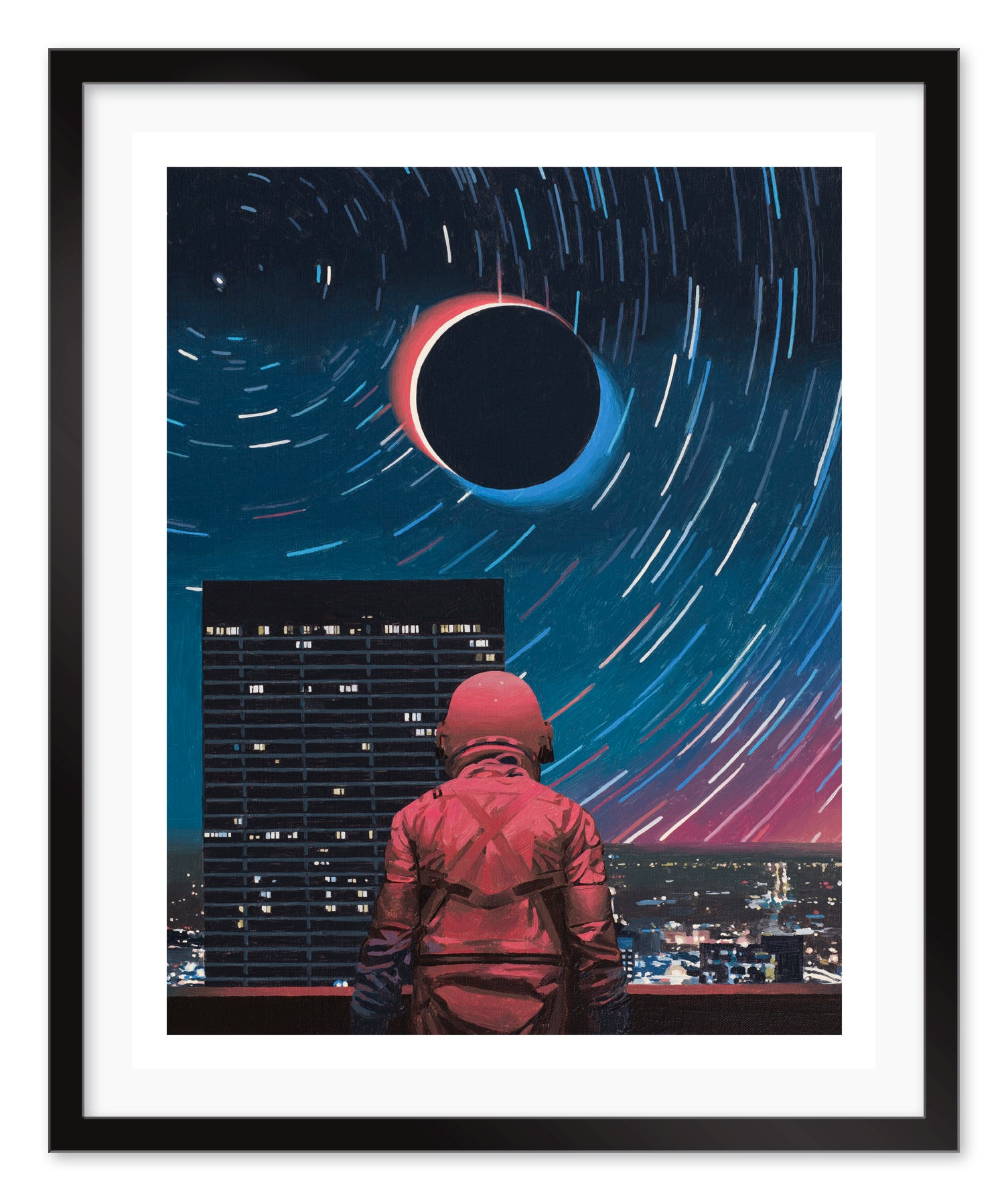A person in a red spacesuit stands on a rooftop beneath swirling star trails and an eclipse over a cityscape at night, capturing Scott Listfields style in the archival pigment print Eclipse.