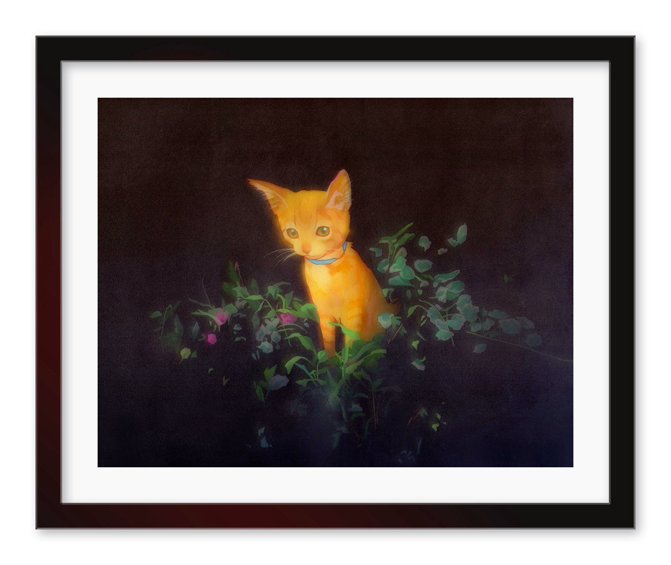 A framed archival pigment print titled "A Commemorative Reset Button" by Edwin Ushiro features an orange cat with a blue collar among green plants on a dark background, with soft lighting illuminating the cat’s fur and nearby leaves.