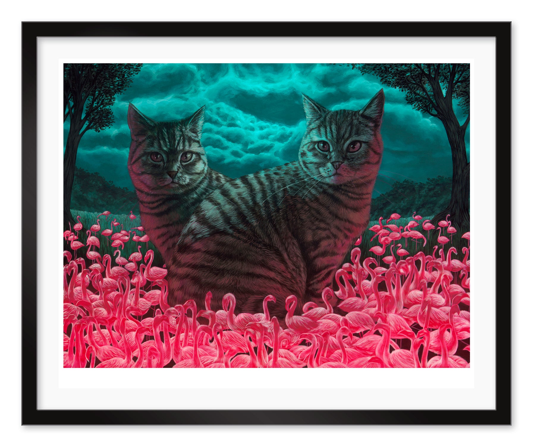The Catbird Seat by Casey Weldon is a framed archival pigment print depicting a surreal scene with a two-headed cat among pink flamingos, set in a field under a swirling cyan sky and dark trees.