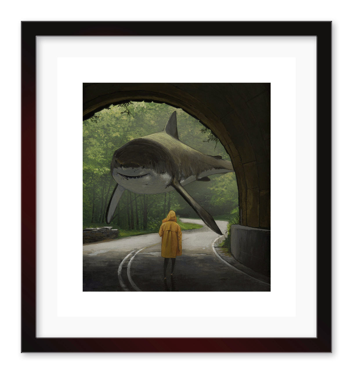 A person in a yellow raincoat faces a giant shark from a tunnel on a misty, forested road in Light Even in the Darkest of Places, an archival pigment print by Chris Austin, exquisitely framed in black and white.