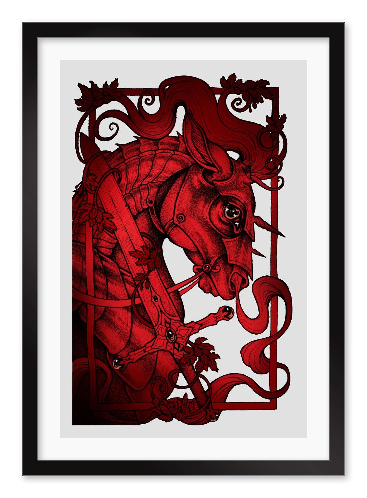 The Red Horse of War" by Caitlin Hackett is a red and black archival pigment print depicting an armored unicorn with a flowing mane and sword, set against a decorative border, framed in black and white.