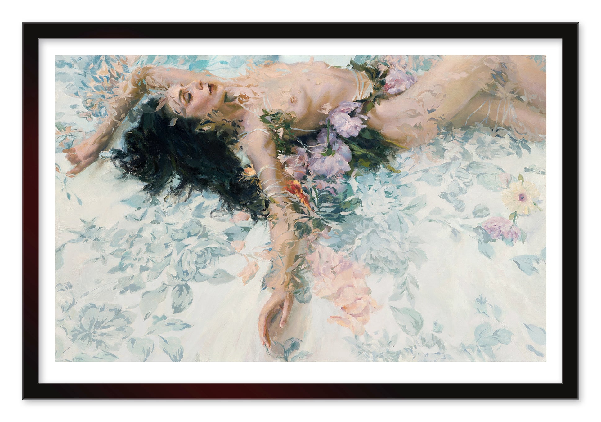 Sergio Lopezs Floribunda captures ethereal beauty with an impressionistic painting of a person with long dark hair lying amidst floral tapestry. Soft brushstrokes create a dreamlike ambiance as flowers surround and partly cover the figure, reminiscent of an archival pigment print.
