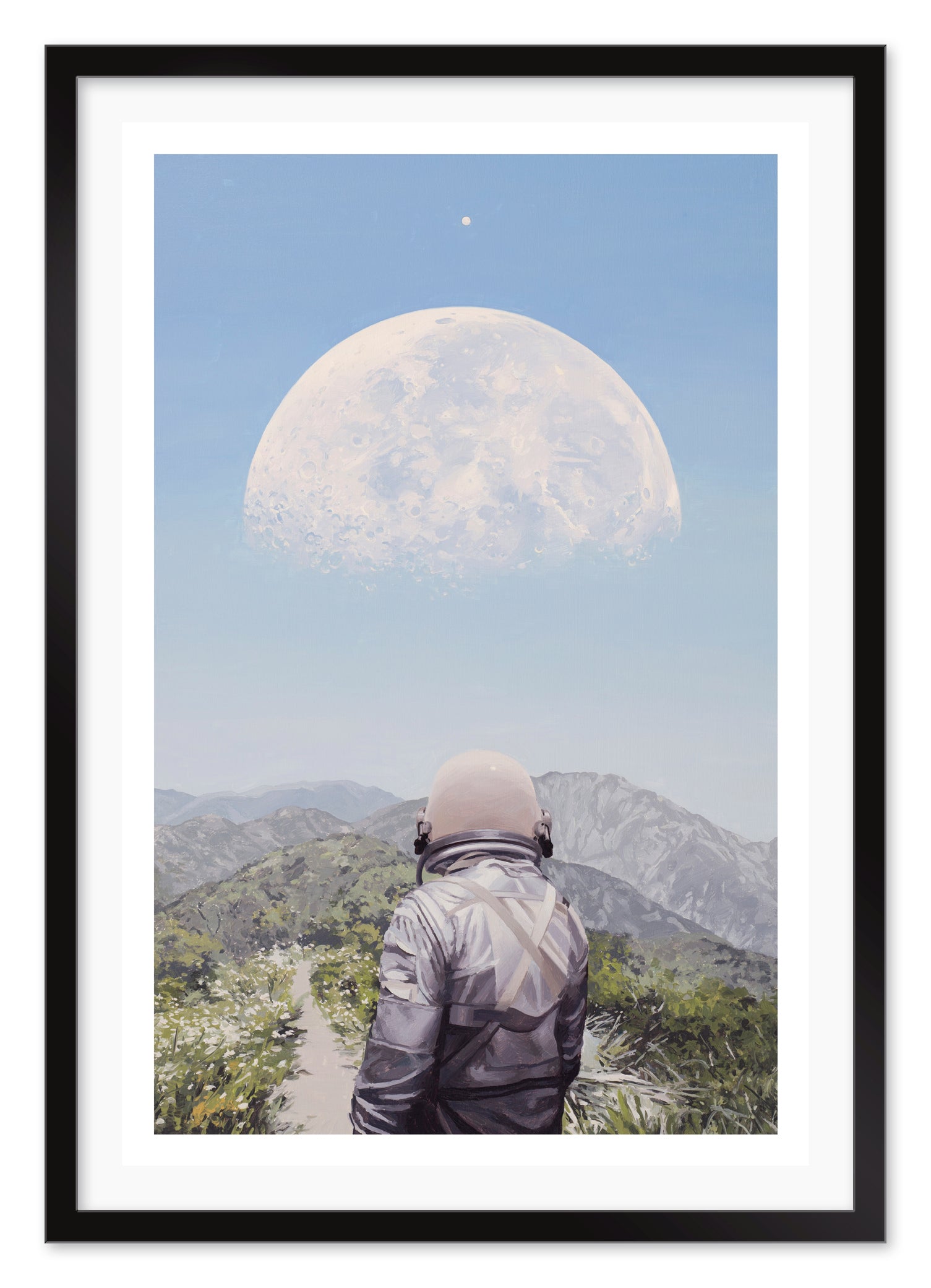 A person in a spacesuit, like a Scott Listfield piece, stands on a grassy path with mountains and the White Moon against the blue sky. The scene is as vivid and enduring as an archival pigment print.