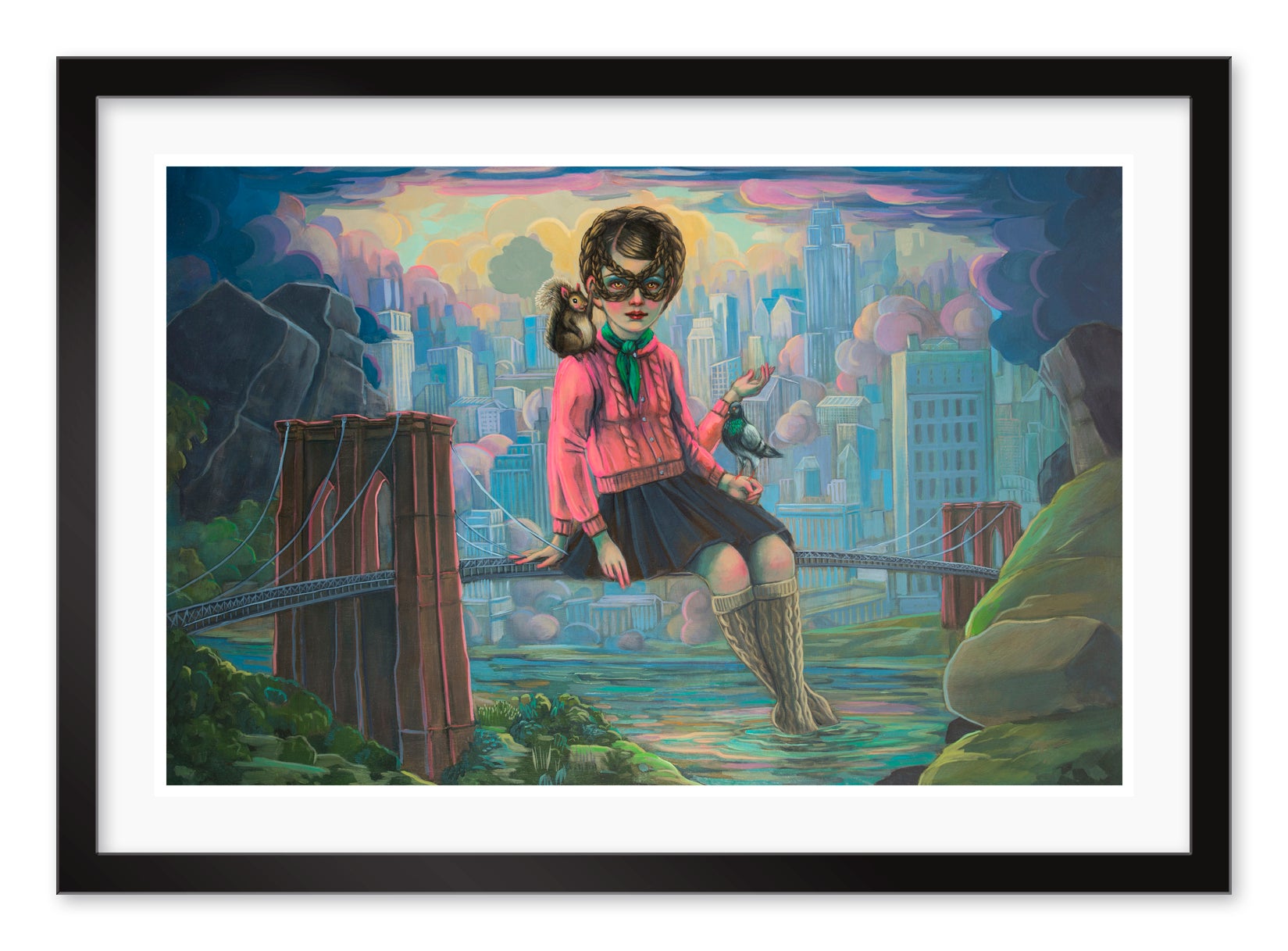 Bigger Than This Town by Lori Nelson is a surreal archival pigment print featuring a masked girl on a bridge, surrounded by whimsical cityscapes and colorful skies. Both signed and numbered, it blends fantasy with urban elements.