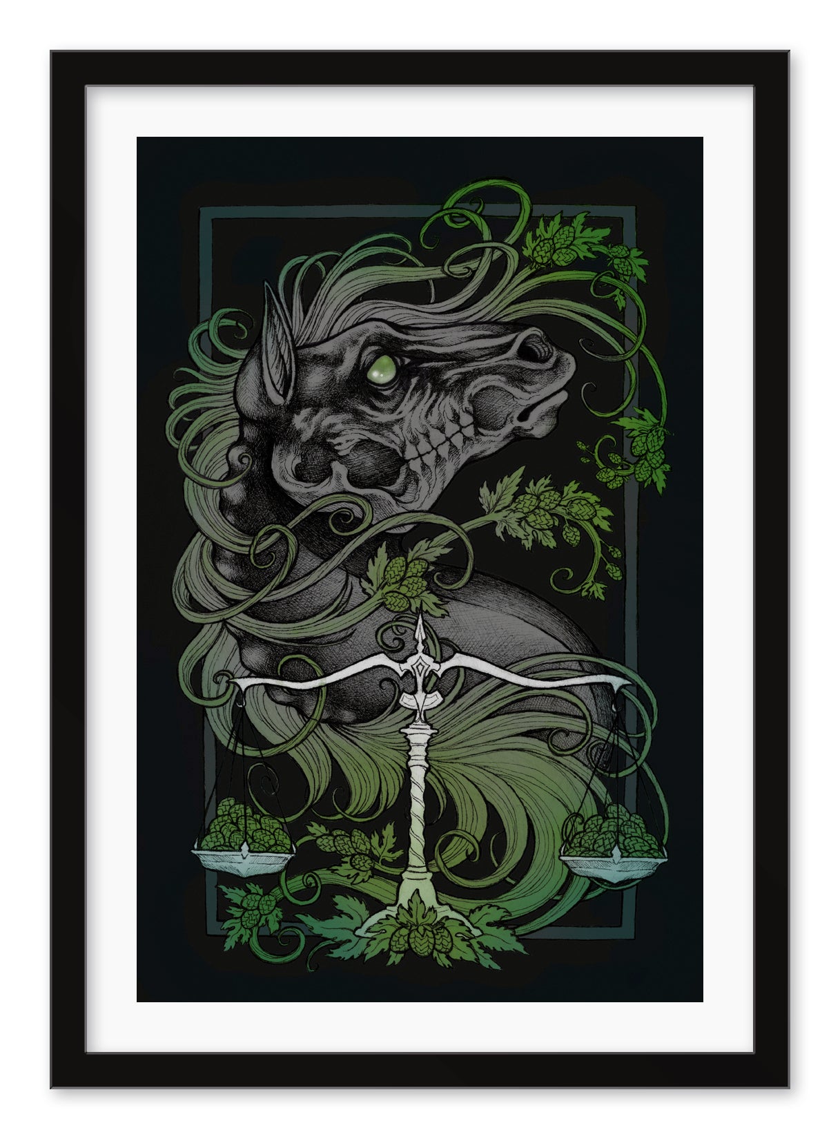 This archival pigment print features Caitlin Hacketts The Black Horse of Famine, depicting a black horse with a flowing mane intertwined with vines and leaves, complemented by a white balance scale entwined in vines, using dark tones and green highlights.