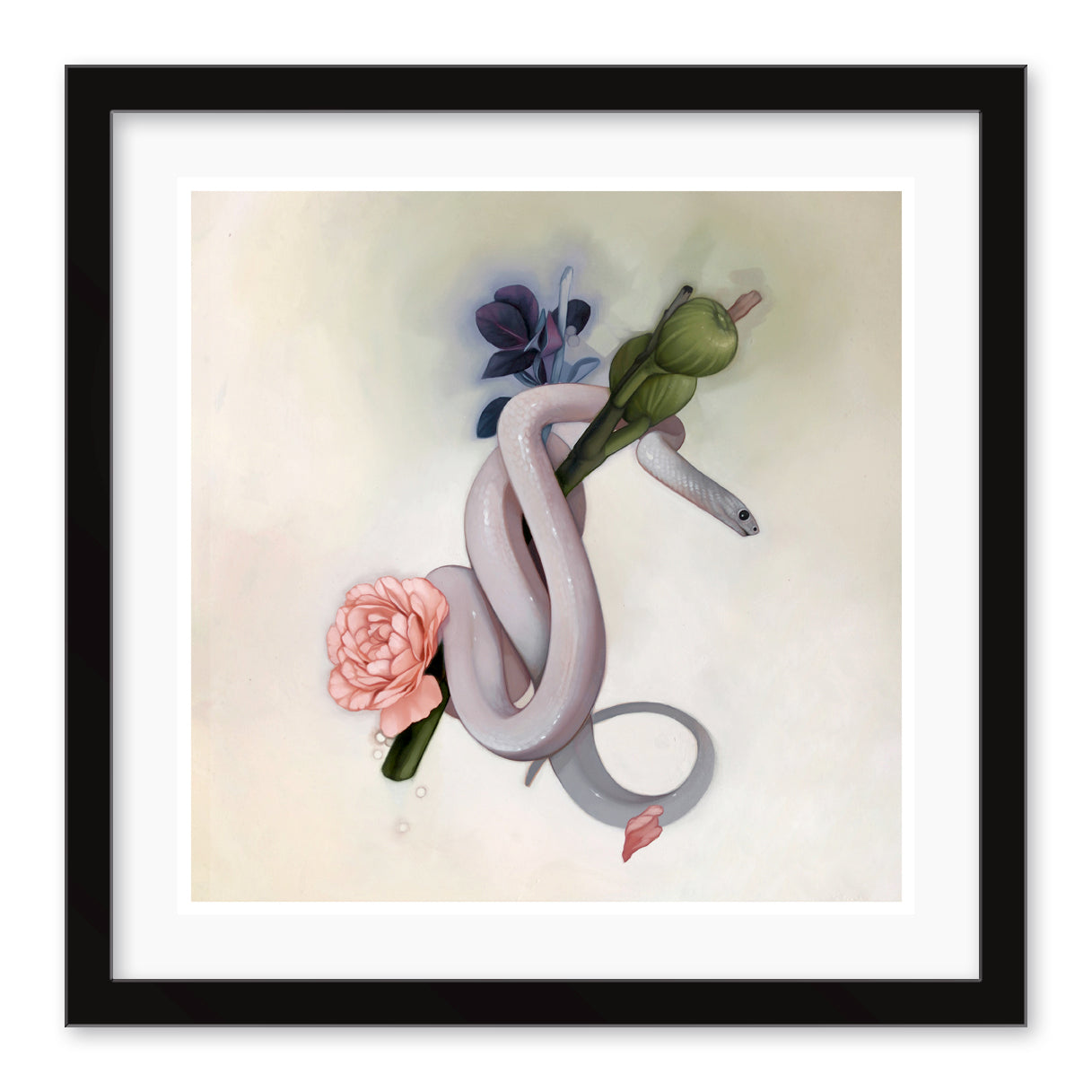 Kelsey Becketts archival pigment print, Snake Fruit, features a winding white snake entwined with green plants and pink flowers on a light background, reminiscent of a lush landscape and elegantly framed in black.