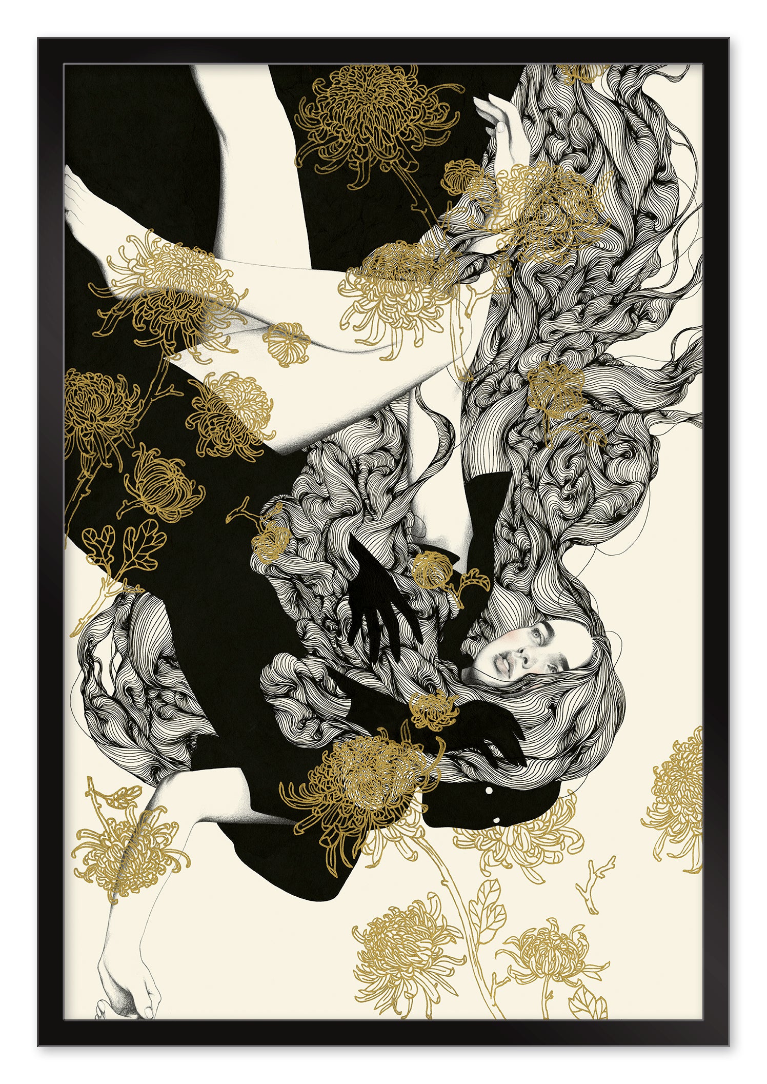 The Yellow Passerby & I by Tran Nguyen is a limited edition screenprint that showcases intertwined figures in black and white, accented by intricate gold floral designs. Flowing hair and flowers create movement and contrast against a creamy background.