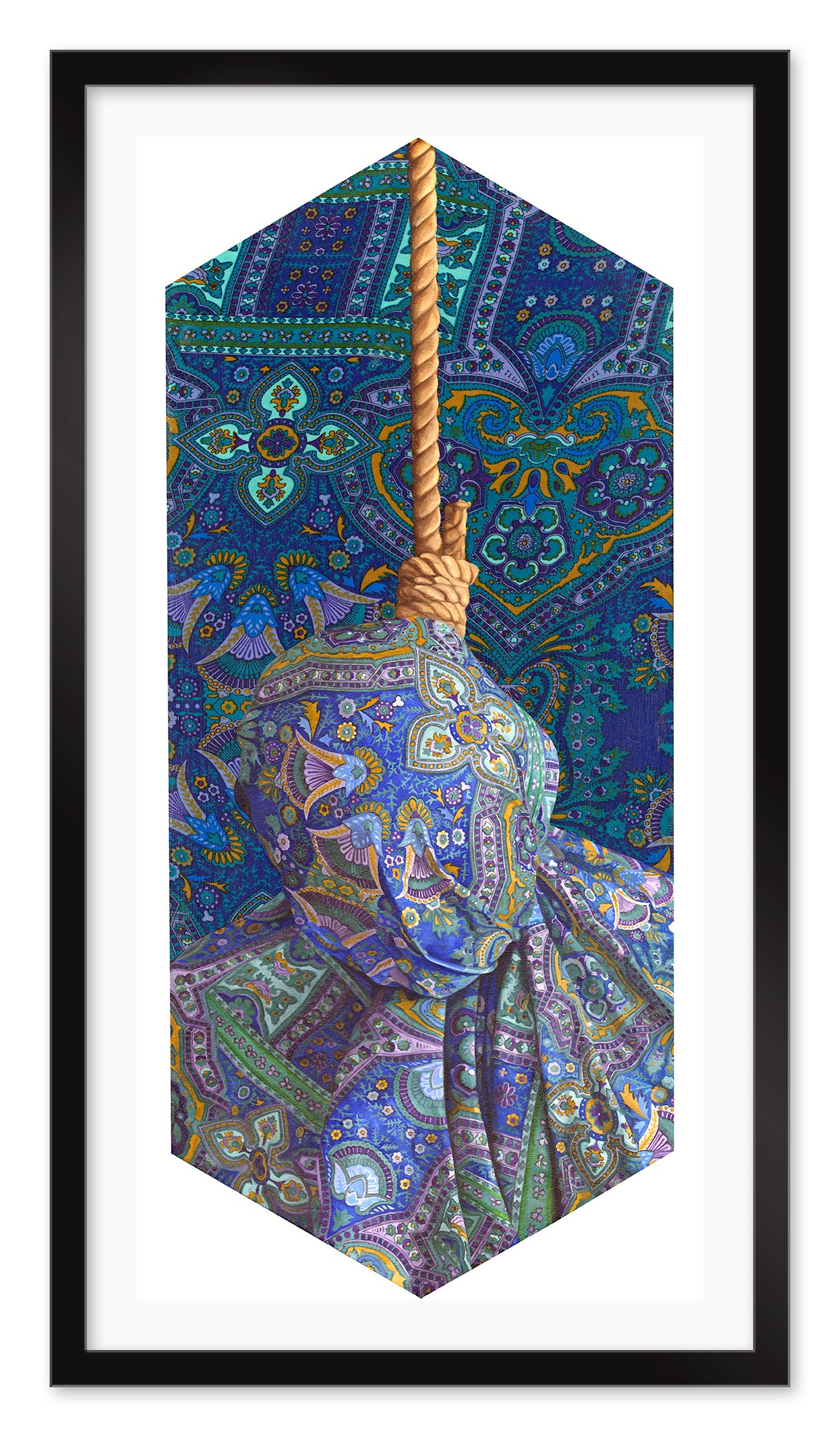 The Camouflage Hangman Blue by Peter Adamyan showcases framed artwork with a colorful, pattern-rich object resembling a knotted rope against intricate blue and green paisley designs, blending textures like an archival pigment print.