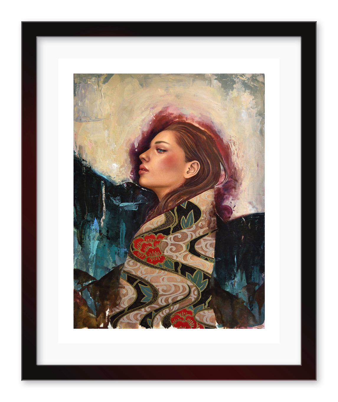 The framed portrait Linger by Sasha Ira showcases a woman with long hair in a red and beige patterned shawl. Set against an abstract background of contrasting shades, this signed and numbered piece artistically explores depth and expression.