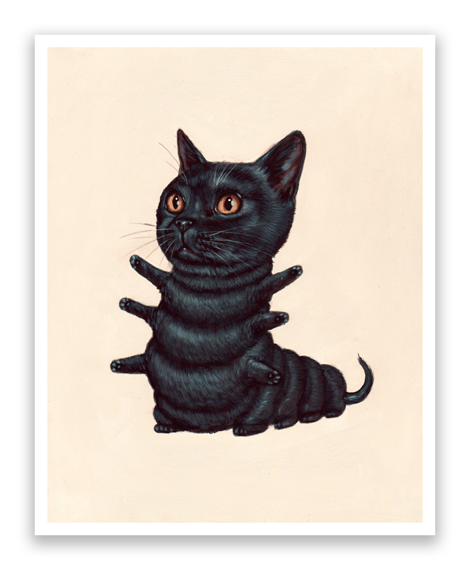 This limited edition illustration, Bombay, by Casey Weldon, depicts a Bombay Kittypillar—a black cat with multiple legs like a caterpillar, wide eyes, and a curled tail on a beige background. Each piece is signed and numbered for authenticity.