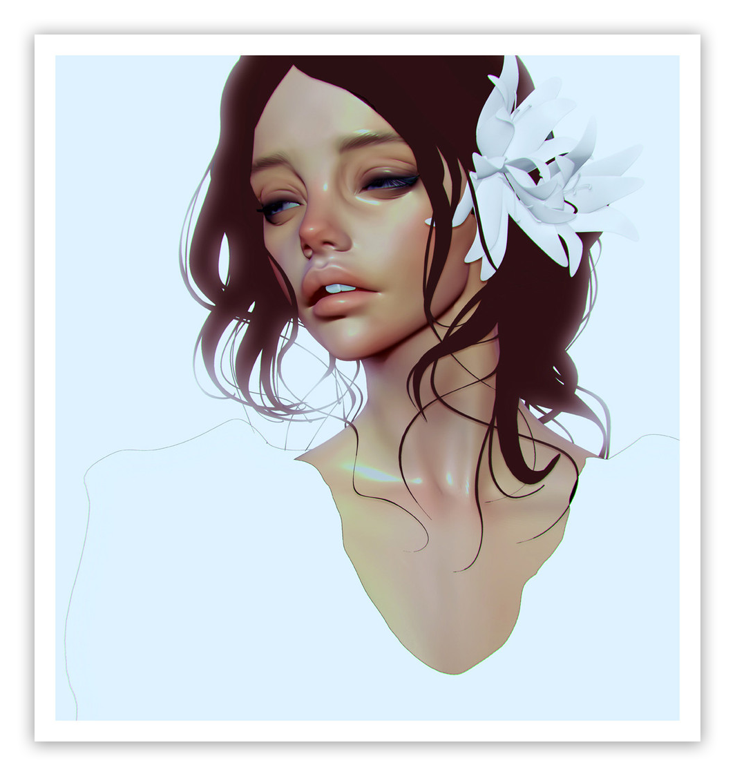 The Hope fine art giclee print by Cezar Brandao features a digital painting of a woman with long, wavy dark hair adorned with a white flower. Shes dressed in a white top, glancing pensively to the side with hopeful eyes against a light blue background.