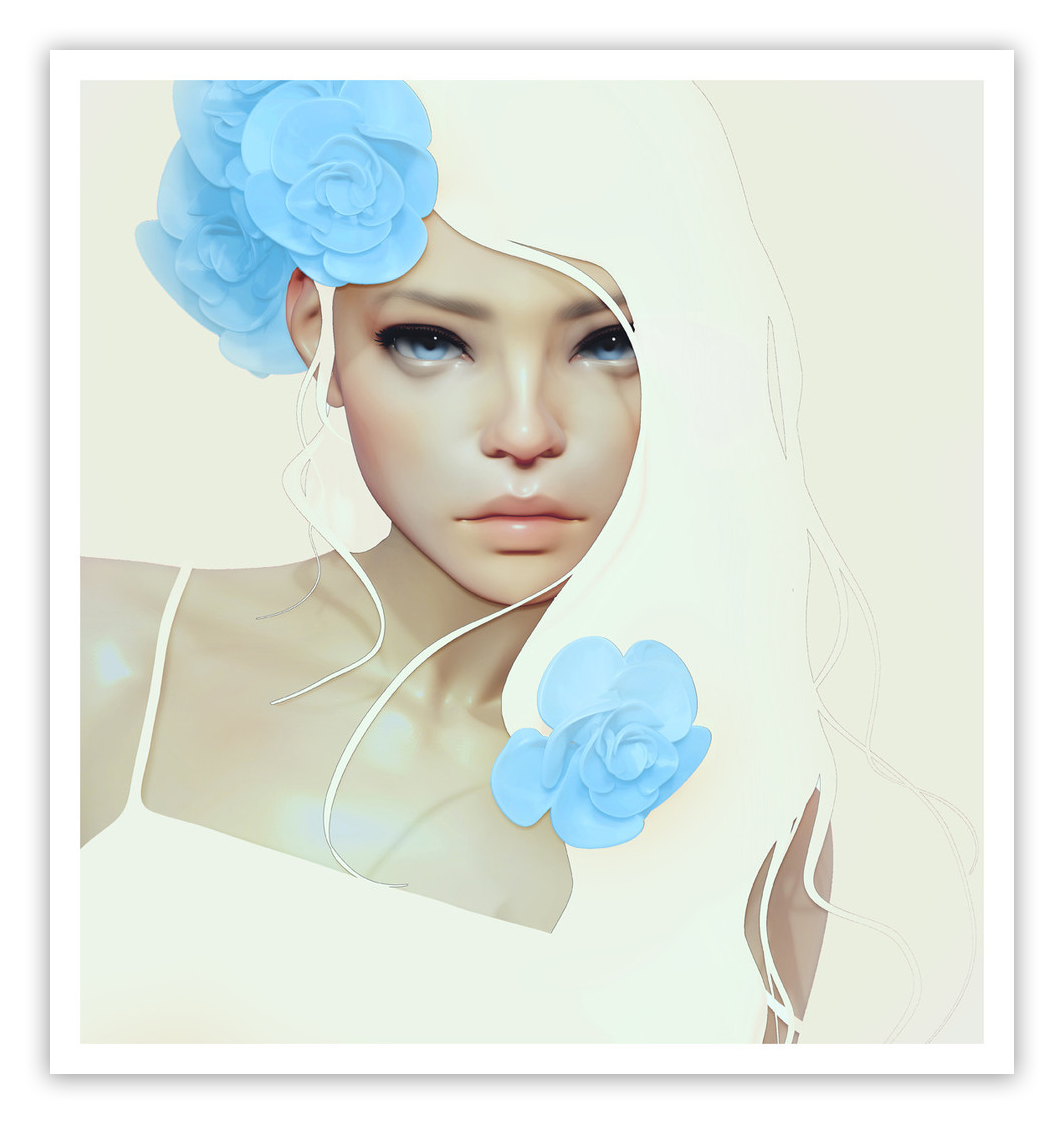 The Flor Azul by Cezar Brandao is a limited edition fine art giclee print of a serene person with long white hair adorned with Flor Azul flowers, set against a plain, light background.