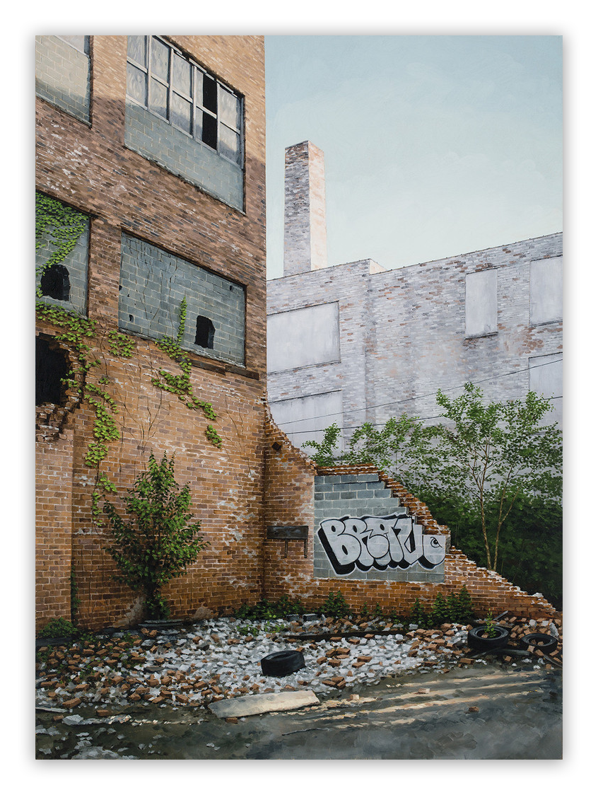 Stephanie Buers Untitled pieces feature a partially demolished brick building resembling a fine art giclee print, with ivy cascading down the walls, graffiti on crumbled sections, and rubble scattered below. Another brick structure stands under a clear blue sky in the background.