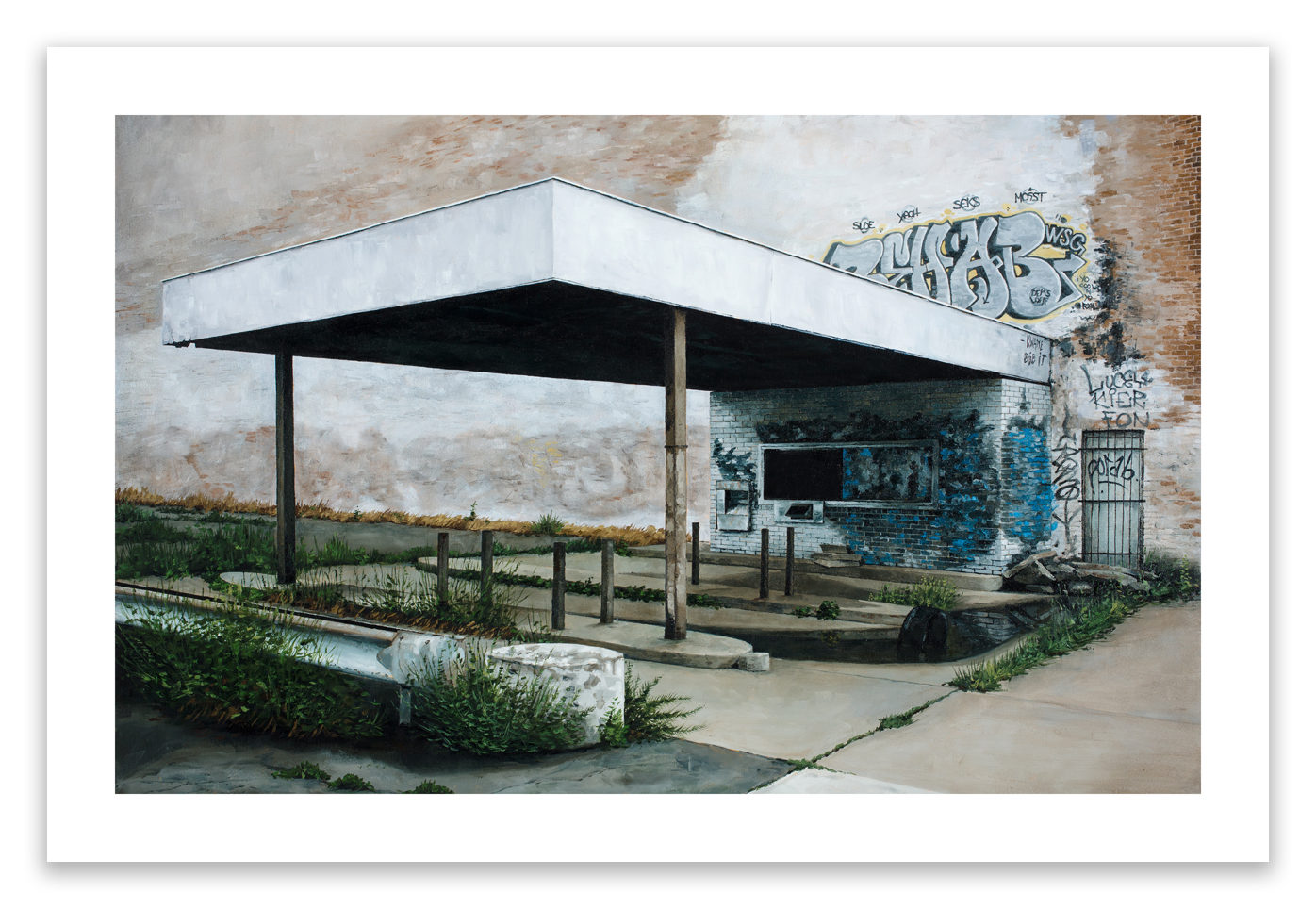 Kwame Did It" by Stephanie Buer is a limited edition signed art print depicting an abandoned gas station with overgrown weeds, graffiti, cracked pavement, and faded blue tiles.