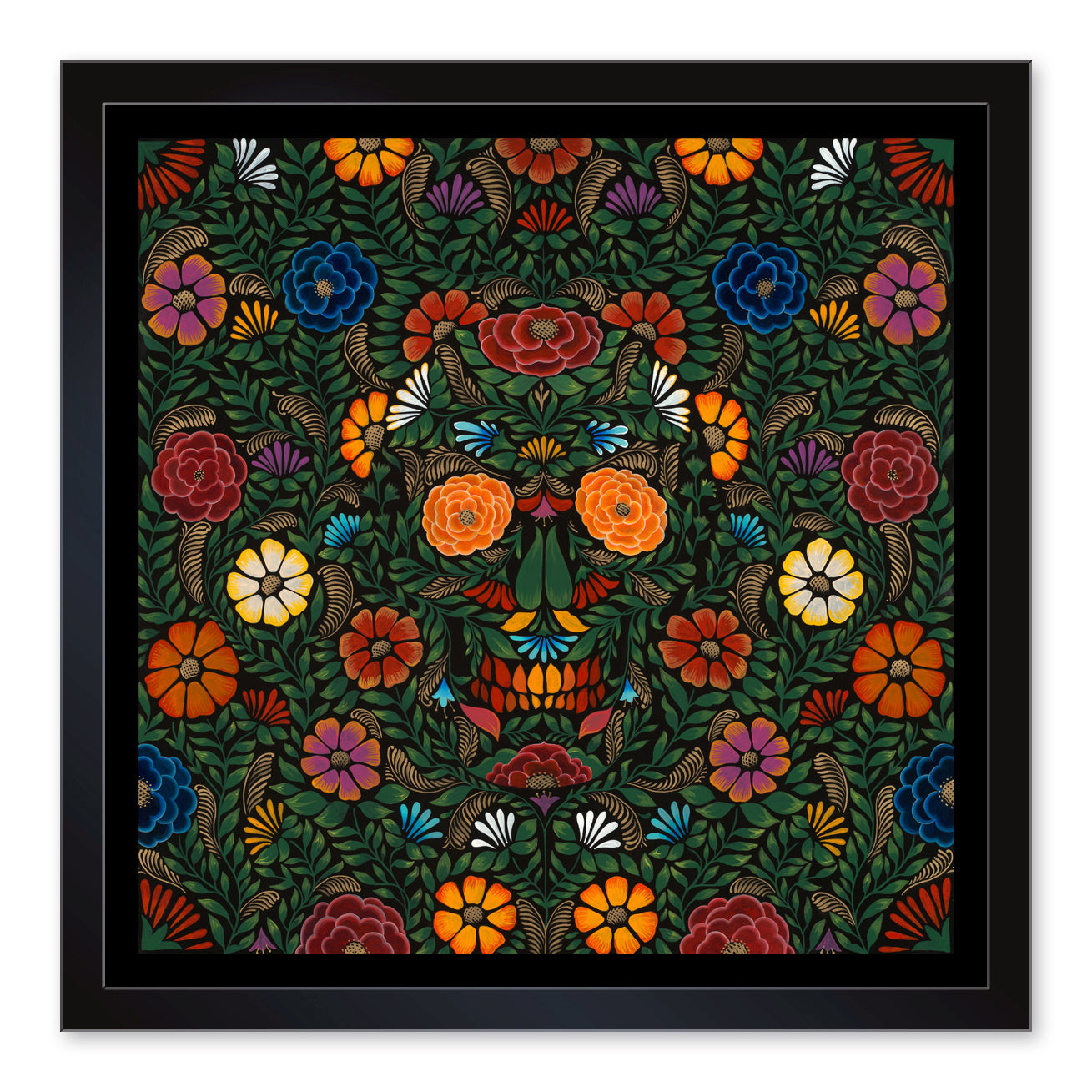 The Calavera Batea fine art print by Sylvia Ji features a detailed floral skull design crafted from vibrant multicolored flowers and lush green leaves, all set against a dark backdrop in a black frame.