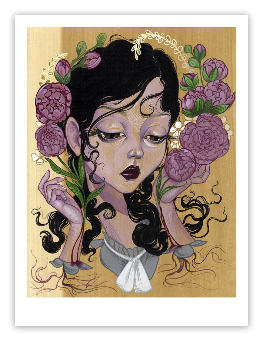 The fine art giclee print In Vein by Sandi Calistro features a stylized portrait of a serene woman with long black hair adorned with pink flowers, half-closed eyes, green leaves, and a textured golden background.