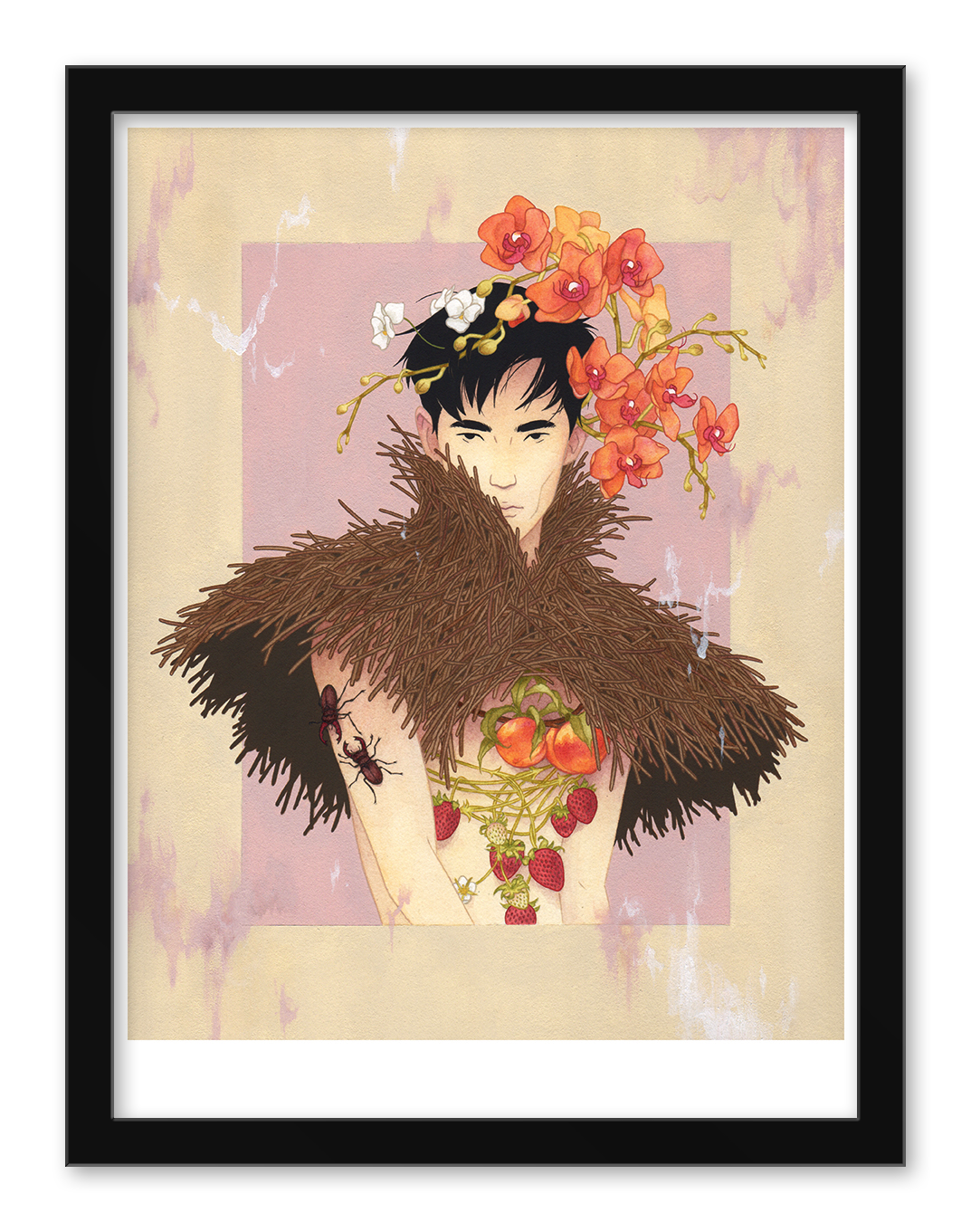 The Hosting illustration by Julian Callos showcases a person adorned with brown feathers and flowers, with ants and ladybugs on their shoulders. Set against a textured pink and beige backdrop framed in black, this limited edition archival pigment print is truly unique.