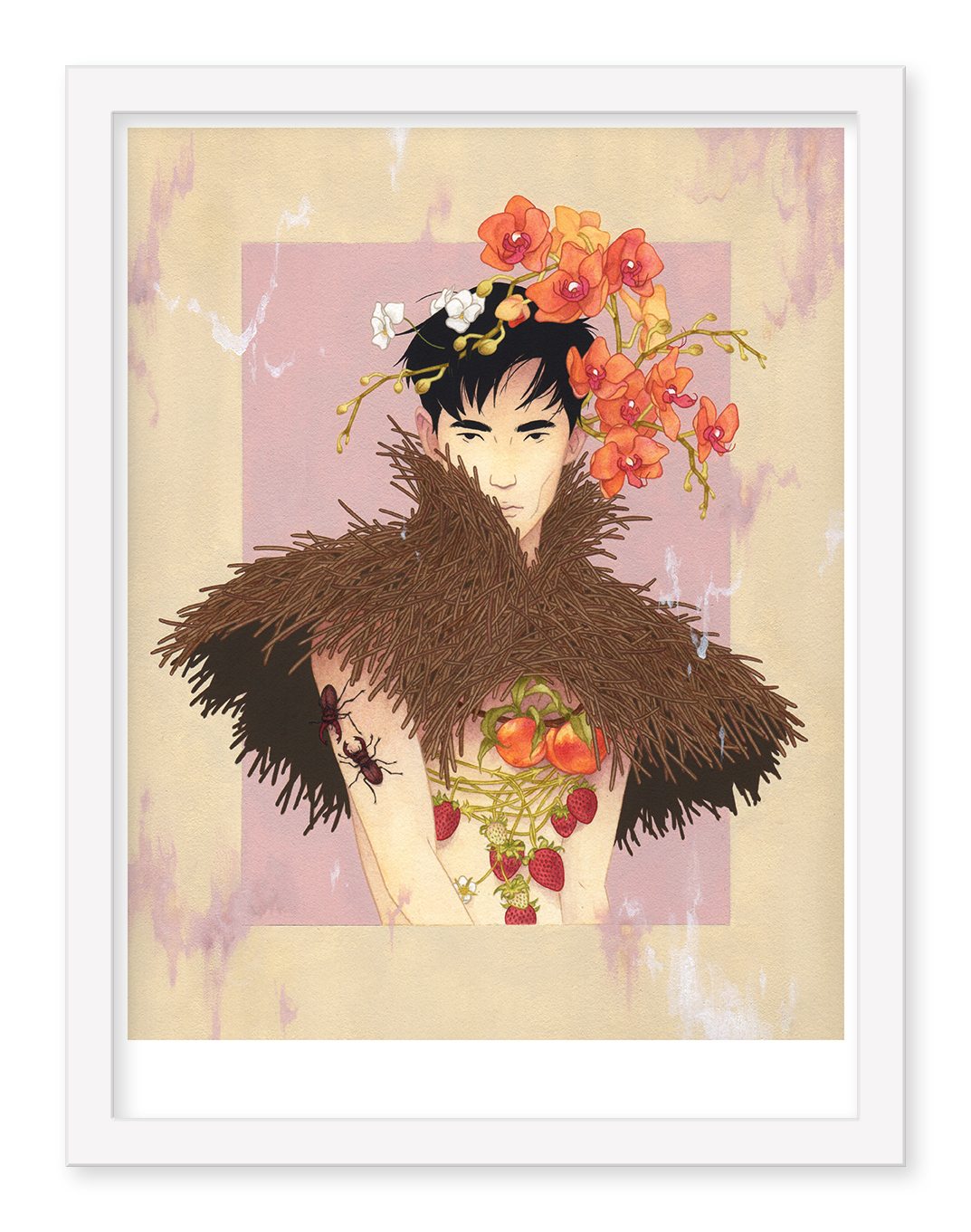 The limited edition archival print Hosting by Julian Callos features a person with short black hair, adorned with orange and white flowers, wearing a feathered garment, with branch-and-strawberry tattoos and an ant on their arm against a soft, textured background.
