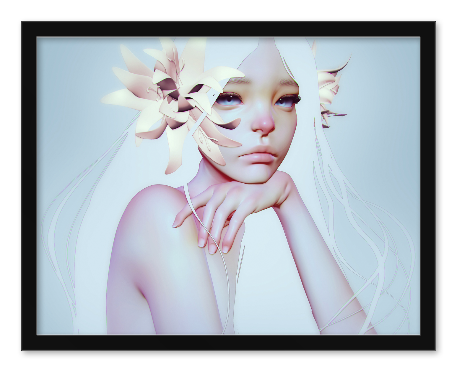 The digital artwork Ask the Sky by Cezar Brandao features an ethereal character with long white hair decorated with large flowers, gazing forward calmly with one hand under their chin. This archival pigment print is framed in black against a light blue backdrop.