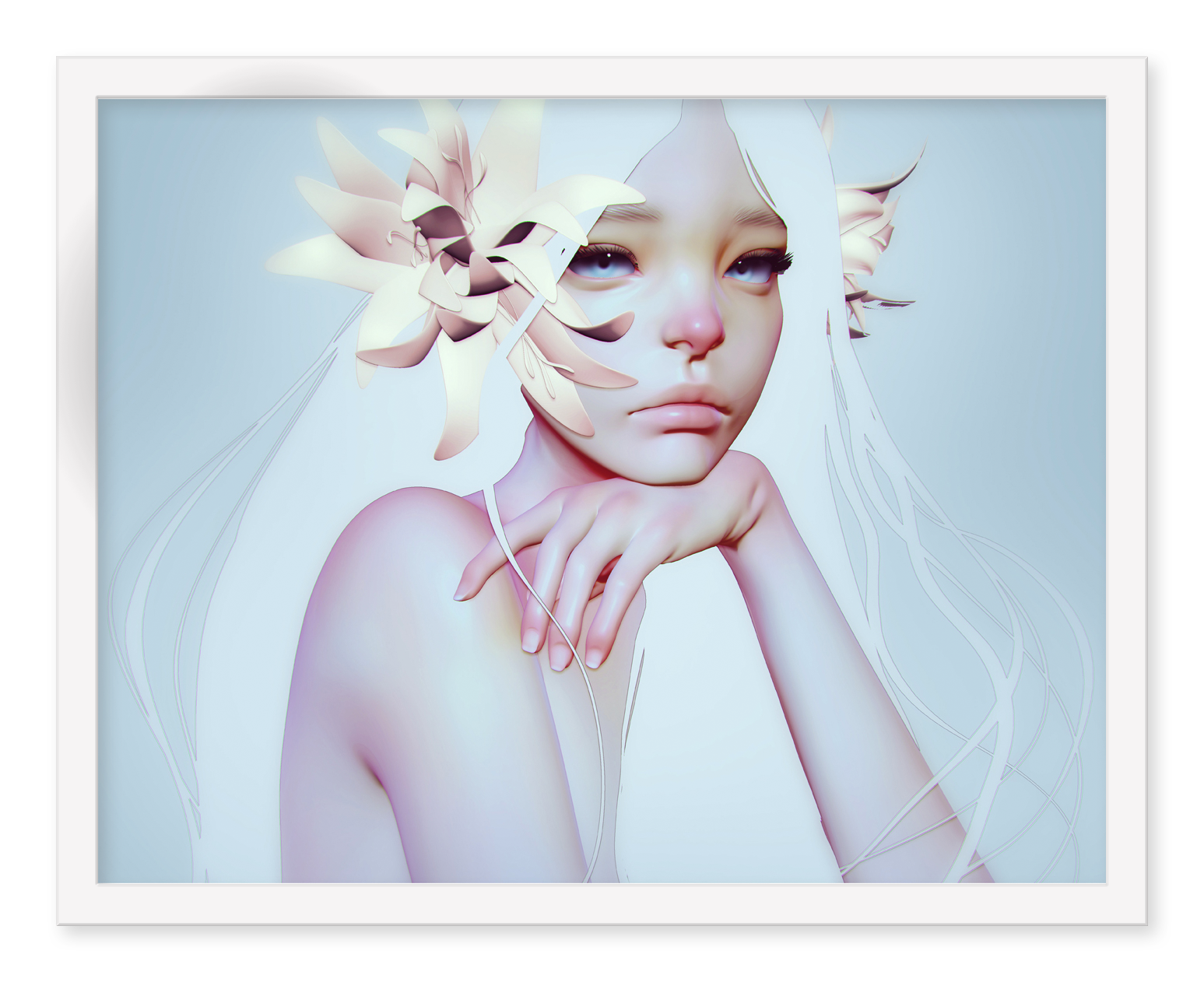Cezar Brandaos Ask the Sky digital artwork depicts a contemplative figure with long white hair and large, stylized flowers. Soft colors and smooth lines evoke an ethereal atmosphere. Its available as a hand-numbered edition on archival pigment print.