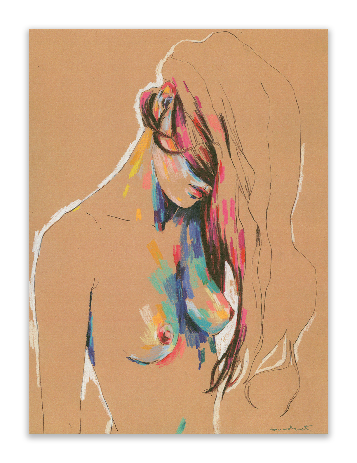 A vibrant archival pigment print titled Muse 831 captures an abstract female figure with long hair with dynamic brush strokes against a light brown backdrop. This piece, embodying Conrad Rosets expressive style, features rich colors and form.