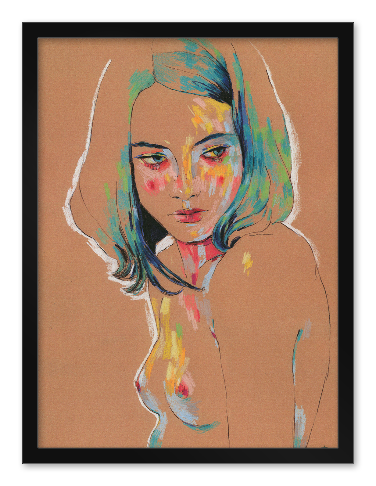 The painting Muse 829 by Conrad Roset portrays a woman with colorful brush strokes on her face and body, framed by medium-length hair against a tan background, emphasizing her pensive expression through bold color contrasts in this archival pigment print.