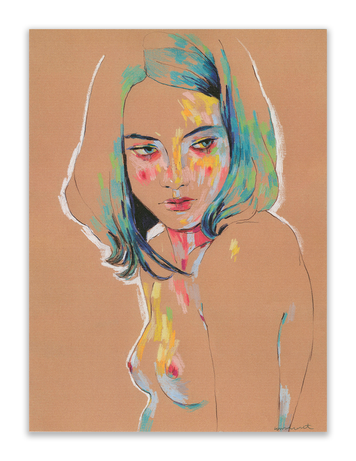 Muse 829 by Conrad Roset is an archival pigment print portraying an abstract portrait with colorful brushstrokes on her face and body, set against a beige background. The piece features her shoulder-length hair and a contemplative expression.