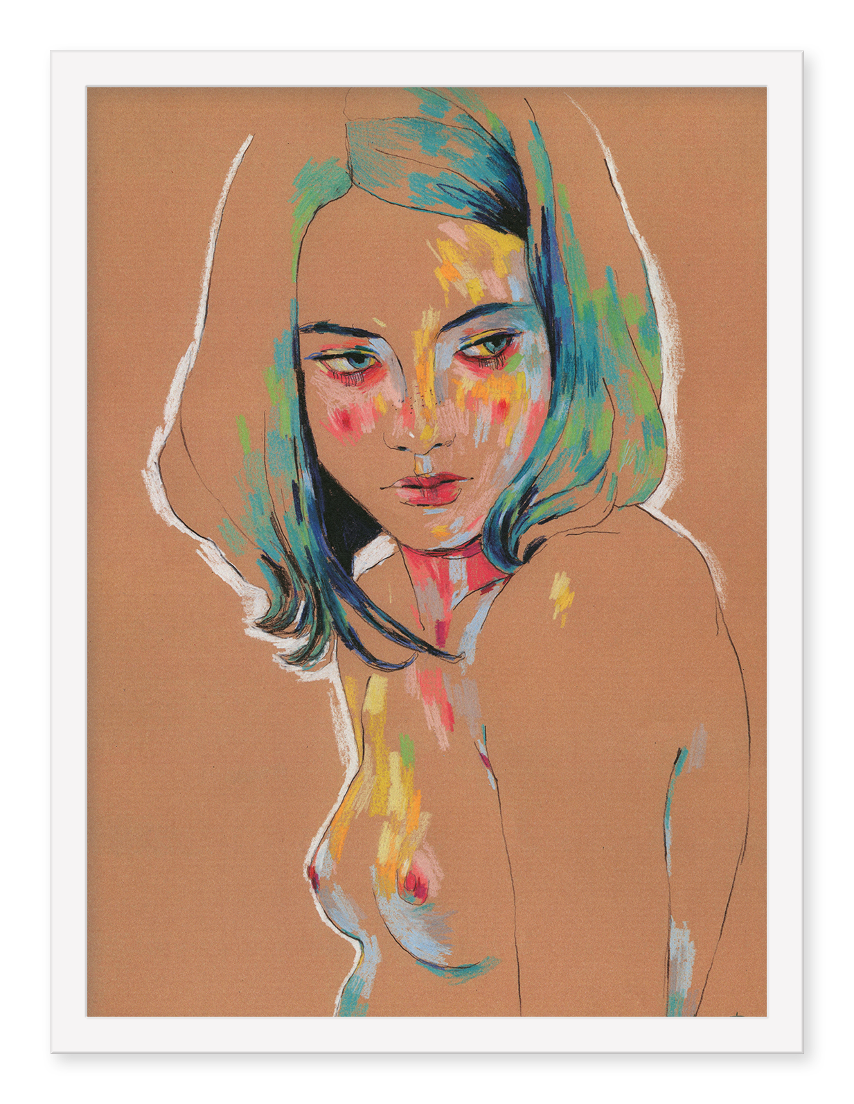 Muse 829 by Conrad Roset is an archival pigment print showcasing a woman with short hair gazing left, adorned with vibrant blue, yellow, pink, and green brush strokes on her face and body against a tan background.