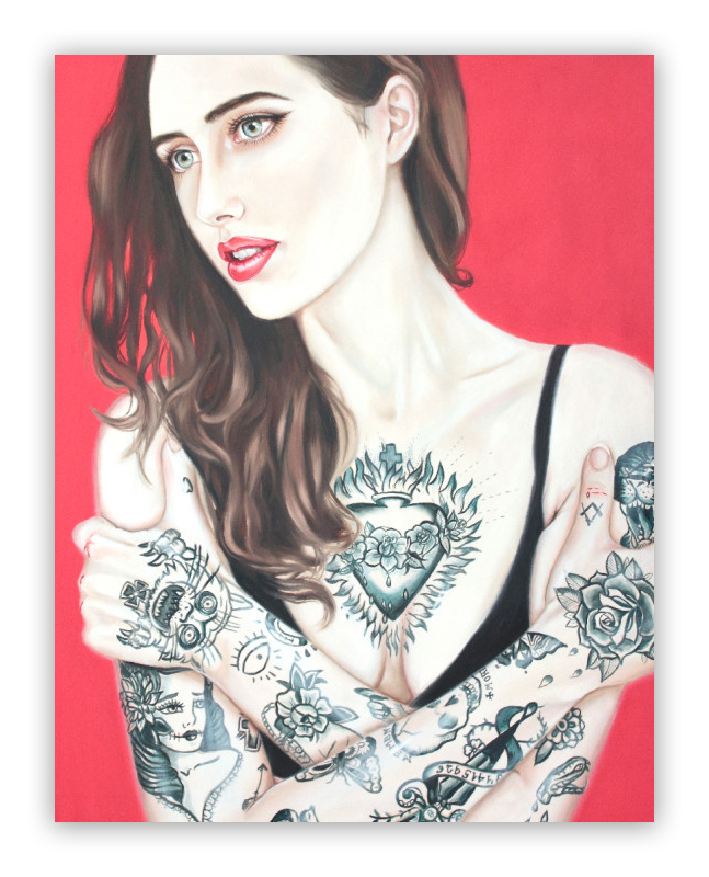 Stigma I by Crajes features a woman with long brown hair, red lipstick, and a black strap against a red background. Her arms and chest display floral and abstract tattoos. This fine art giclee print is available as a limited edition.