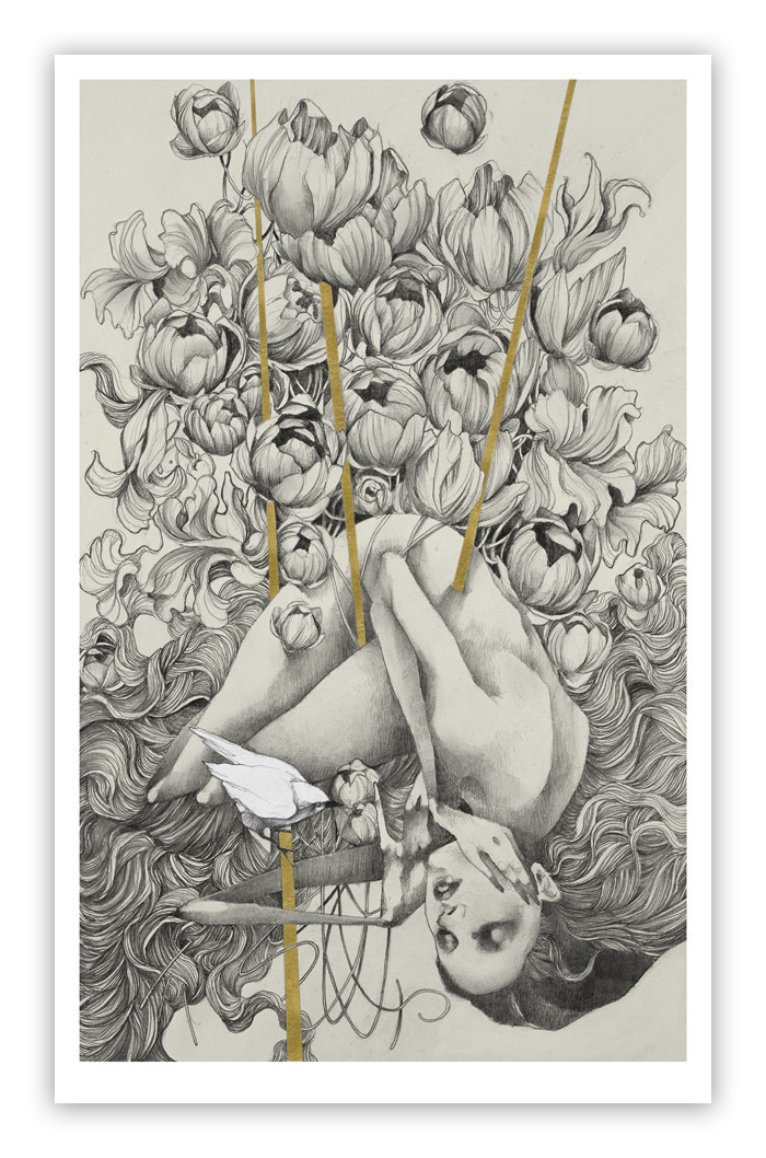 The Embrace by Craww features a nude figure entwined with blooming flowers and flowing hair, highlighted by delicate gold leaf. A bird perched near the hand enhances its surreal, dreamlike quality, resembling a fine art giclee print.