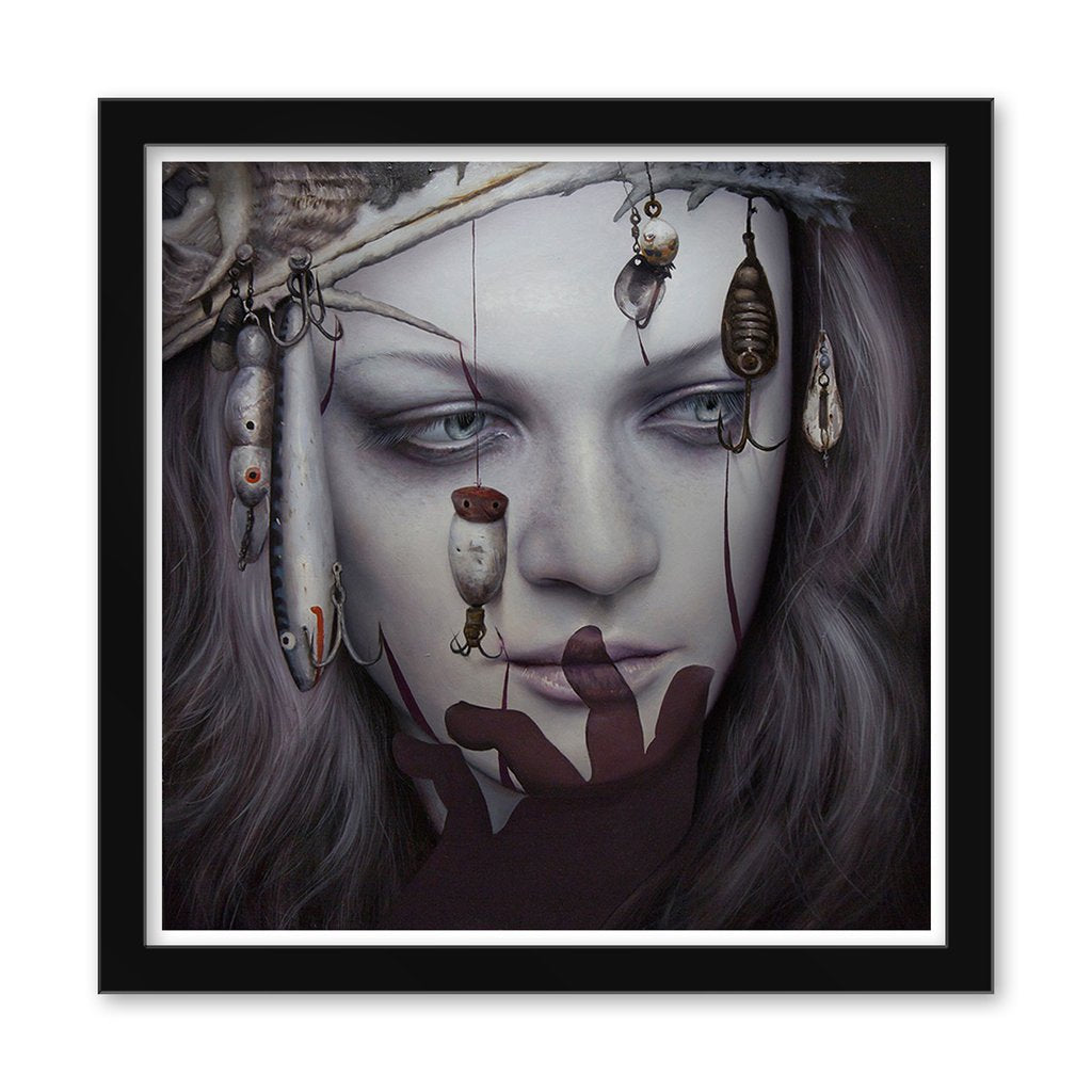 A surreal portrait titled Barracuda by Dan Quintana features a woman with a serene expression and fishing lures from her hat, evoking mystery as a shadowy hand hovers before her.