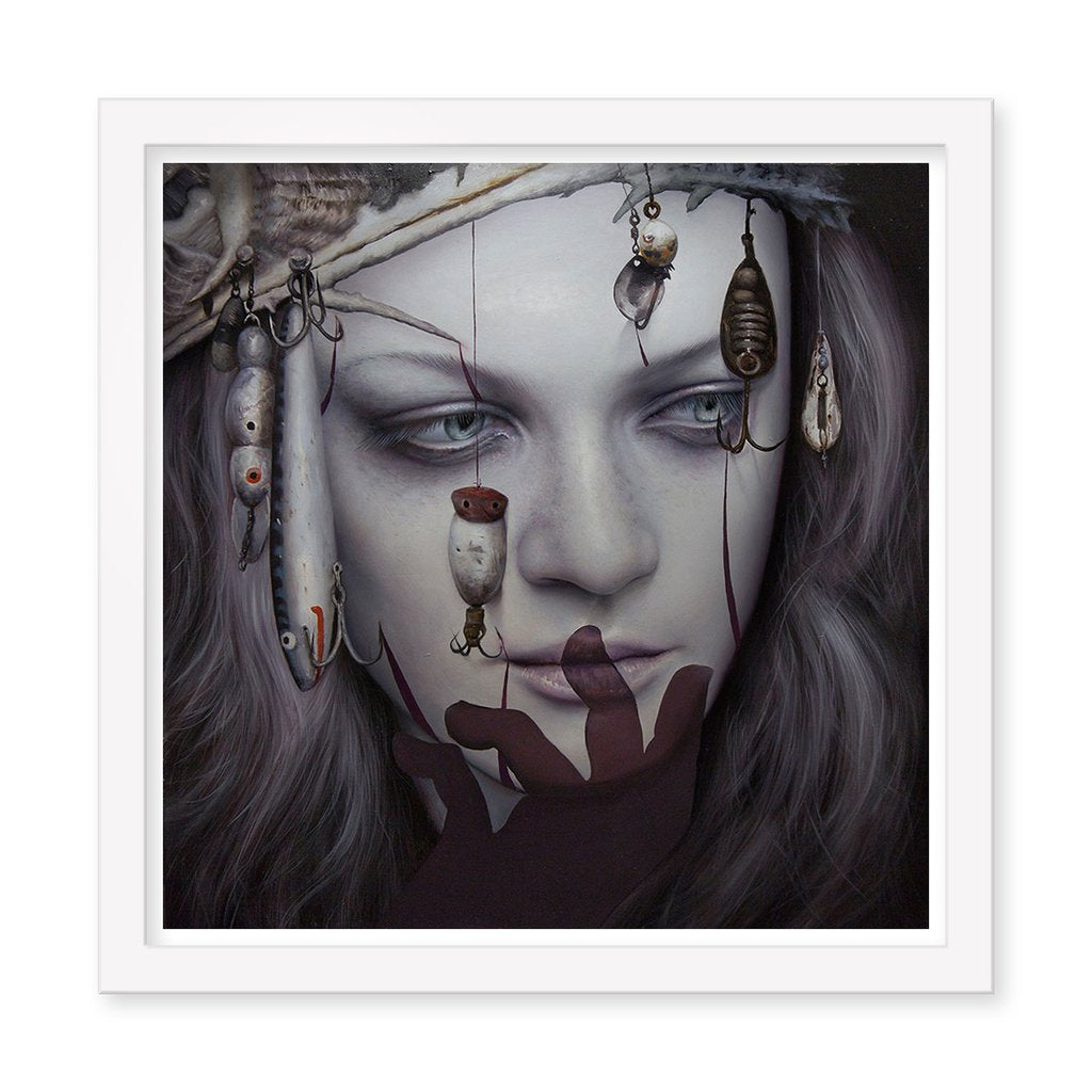 Barracuda, by Dan Quintana, is a surreal archival pigment print featuring a pale-skinned figure adorned with fishing lures and trinkets, as a shadowy hand reaches for the face, creating an enigmatic touch in Quintanas distinctive style.