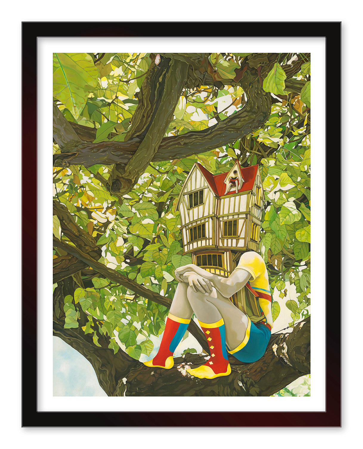 A person sits on a tree branch, their head an imaginative house. They wear a colorful outfit with vivid red socks and gaze thoughtfully. Lush green leaves frame this whimsical scene by Jolene Lai, available as a signed and numbered archival pigment print in the Migration & Dollhouse set.