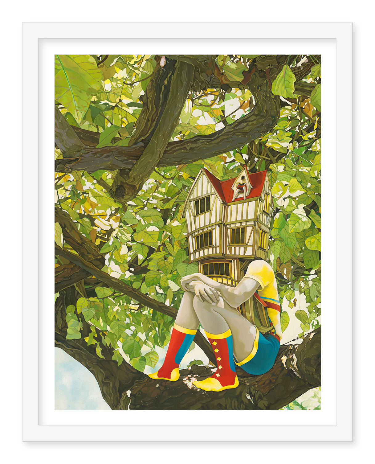 An individual perches on a tree branch with a house for a head, wearing a colorful ensemble of red boots and blue shorts. The vibrant tree flourishes beneath a clear sky. Titled Migration & Dollhouse set by Jolene Lai, this surreal scene is depicted in an exquisite Archival Pigment Print.