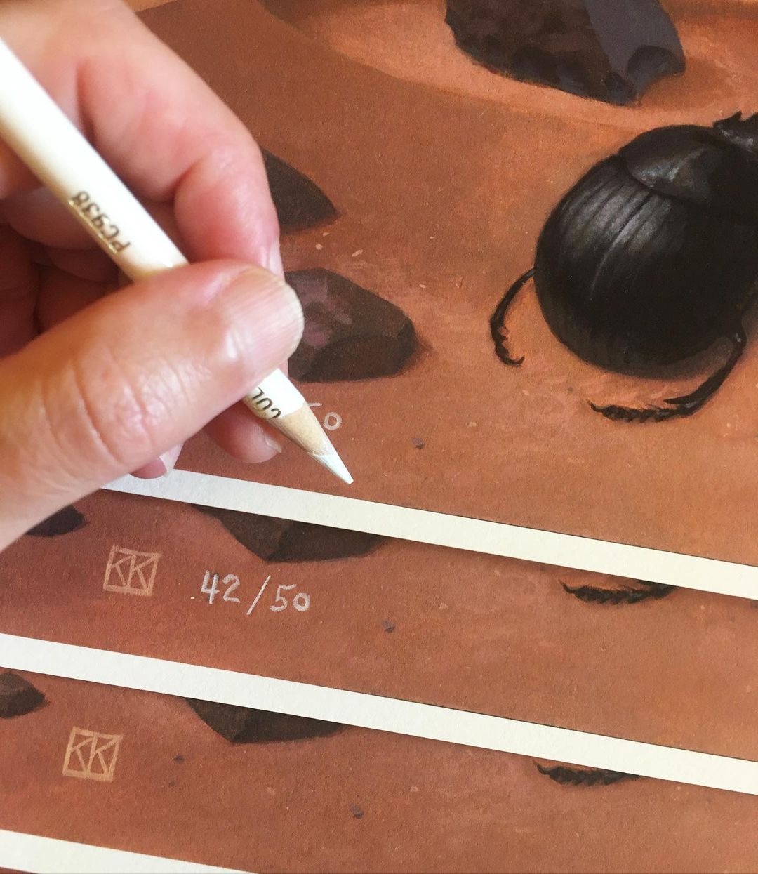 A hand holds a white pencil marking 42/50 on Kristin Kwans Thorncat, an Archival Pigment Print of a brown beetle, part of a limited edition with each piece uniquely numbered.