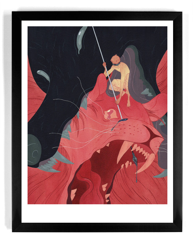 Julian Calloss limited edition fine art giclee, Eclipse, depicts a thrilling scene of a person with a spear poised over an open-mouthed, fiery red creature, blending fantasy and action. Perfect for any collection.
