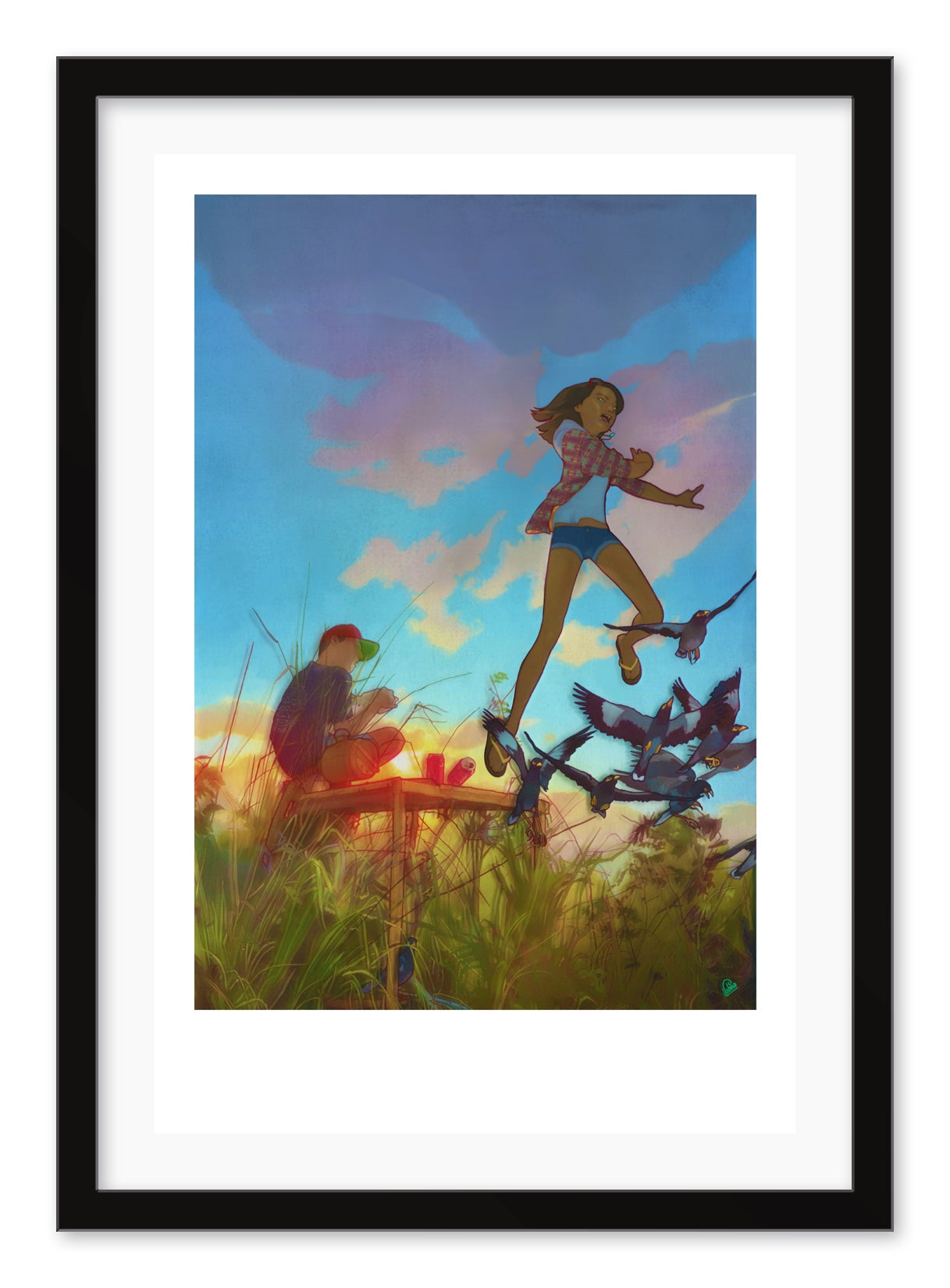 The vibrant artwork One More Second You Are About to Gain by Edwin Ushiro shows a joyful girl leaping with swirling birds and a person at a table in a meadow beneath a colorful sky. This signed and numbered piece is elegantly framed in black.
