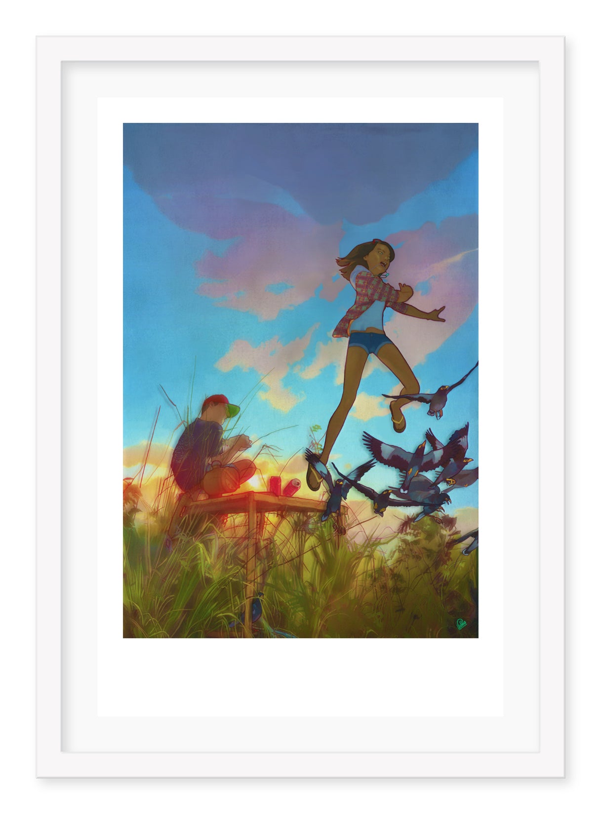 The signed and numbered archival pigment print One More Second You Are About to Gain by Edwin Ushiro features a vibrant illustration of someone playing the flute on a platform surrounded by grass, as another figure joyfully jumps among birds under a sky tinged with sunset or sunrise hues.