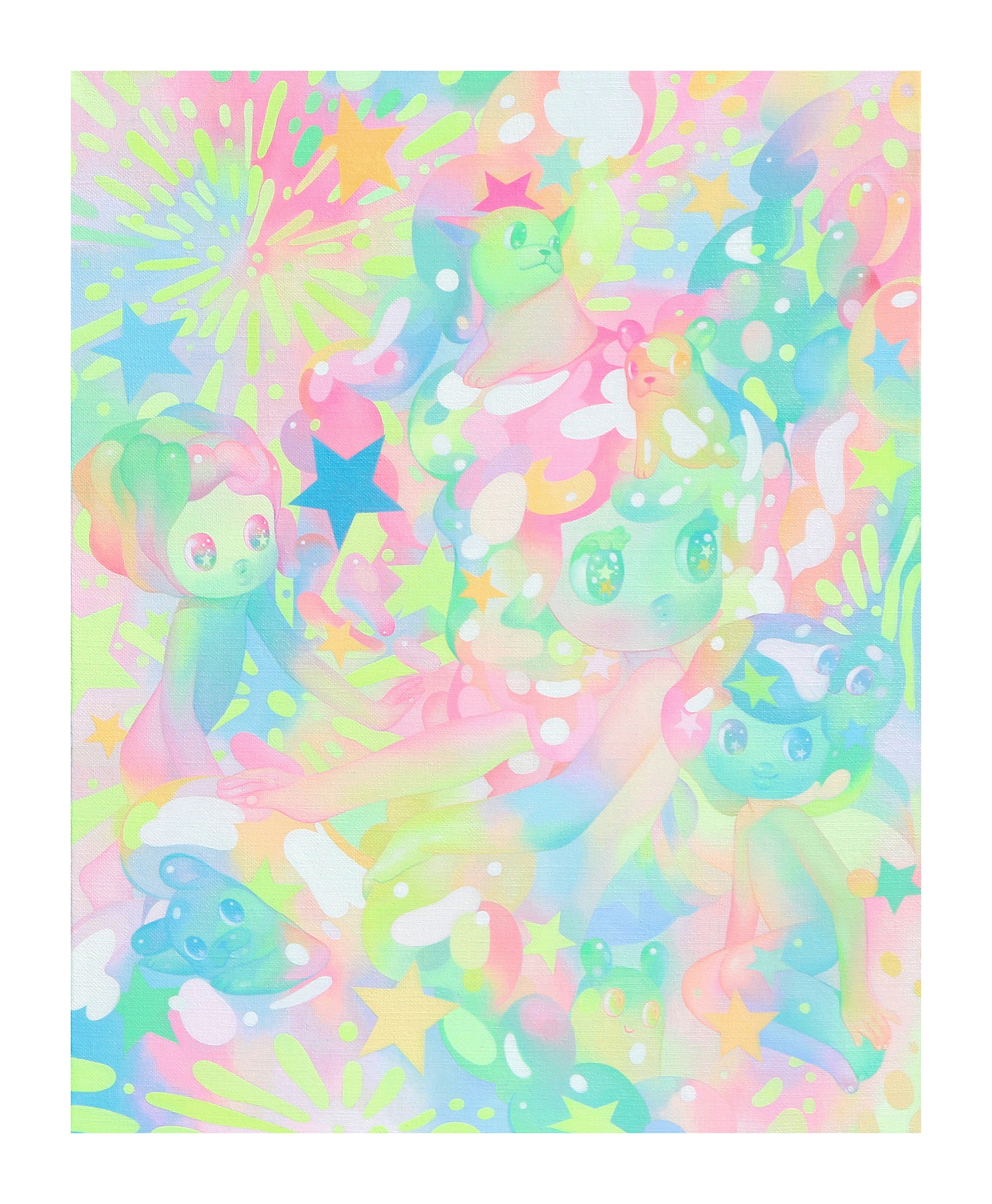 The Espirit print by So Youn Lee features whimsical, anthropomorphic figures with large eyes among pastel pink, green, blue, and yellow stars, bubbles, and swirls. This dreamy scene is a hand-embellished archival pigment print.