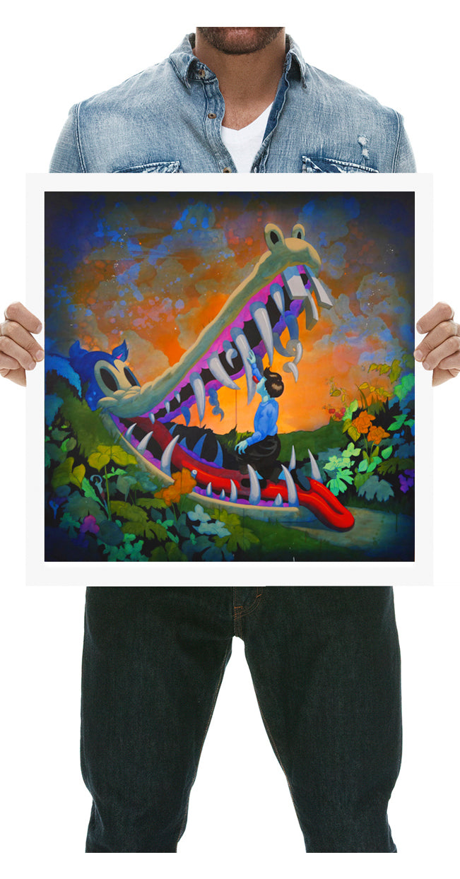 A person displays How Does It Make You Feel by Victor Castillo, featuring a vibrant scene of someone rowing through the whimsical jaws of an alligator-like creature amid lush vegetation, set against an abstract blend of orange and blue in this limited edition artwork.
