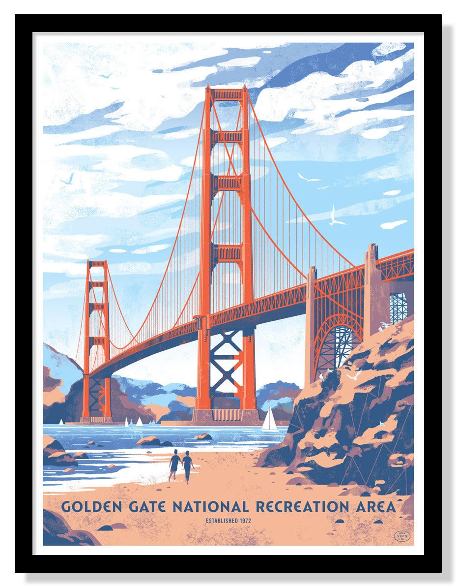 This screen-printed poster, Golden Gate National Recreation Area, by Chris Turnham from the Fifty-Nine Parks Prints Series, depicts the Golden Gate Bridge. Sailboats glide on the water as two people stroll along a rocky shore, with seagulls flying under a partly cloudy sky.