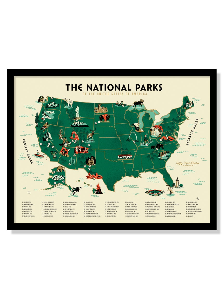 The U.S. National Parks Map (Variant) by Fifty-Nine Parks Prints Series is a screen printed poster featuring an illustrated U.S. map with vibrant green states and icons for national parks, highlighting park images and names below, titled The National Parks of the United States.