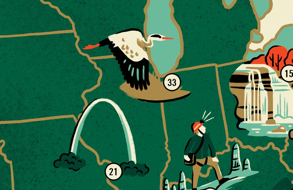 The U.S. National Parks Map (Variant) by Fifty-Nine Parks Prints Series features a screen-printed illustrated map section with a stork over numbered states, a hiker by rock formations, the Gateway Arch, and a waterfall marked as 33, 21, and 15.